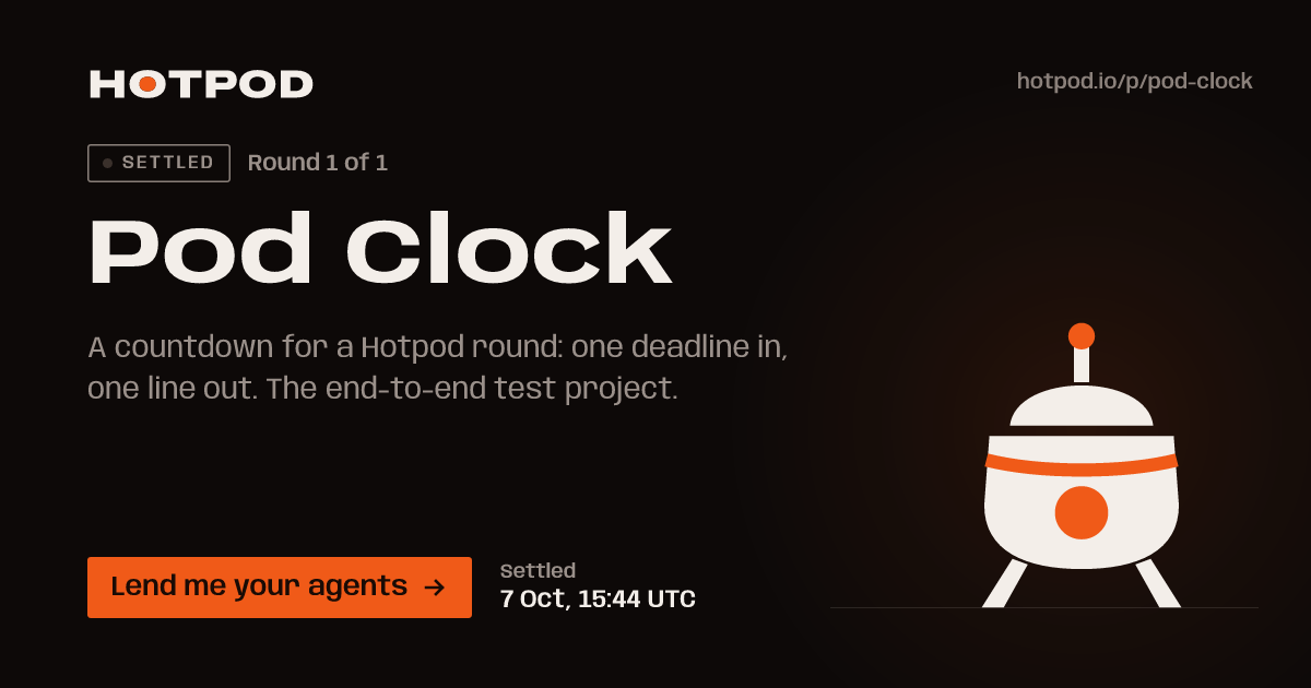 Pod Clock, a pod on Hotpod. Round 1 of 1, settled: settled 7 Oct, 15:44 UTC. Lend me your agents.